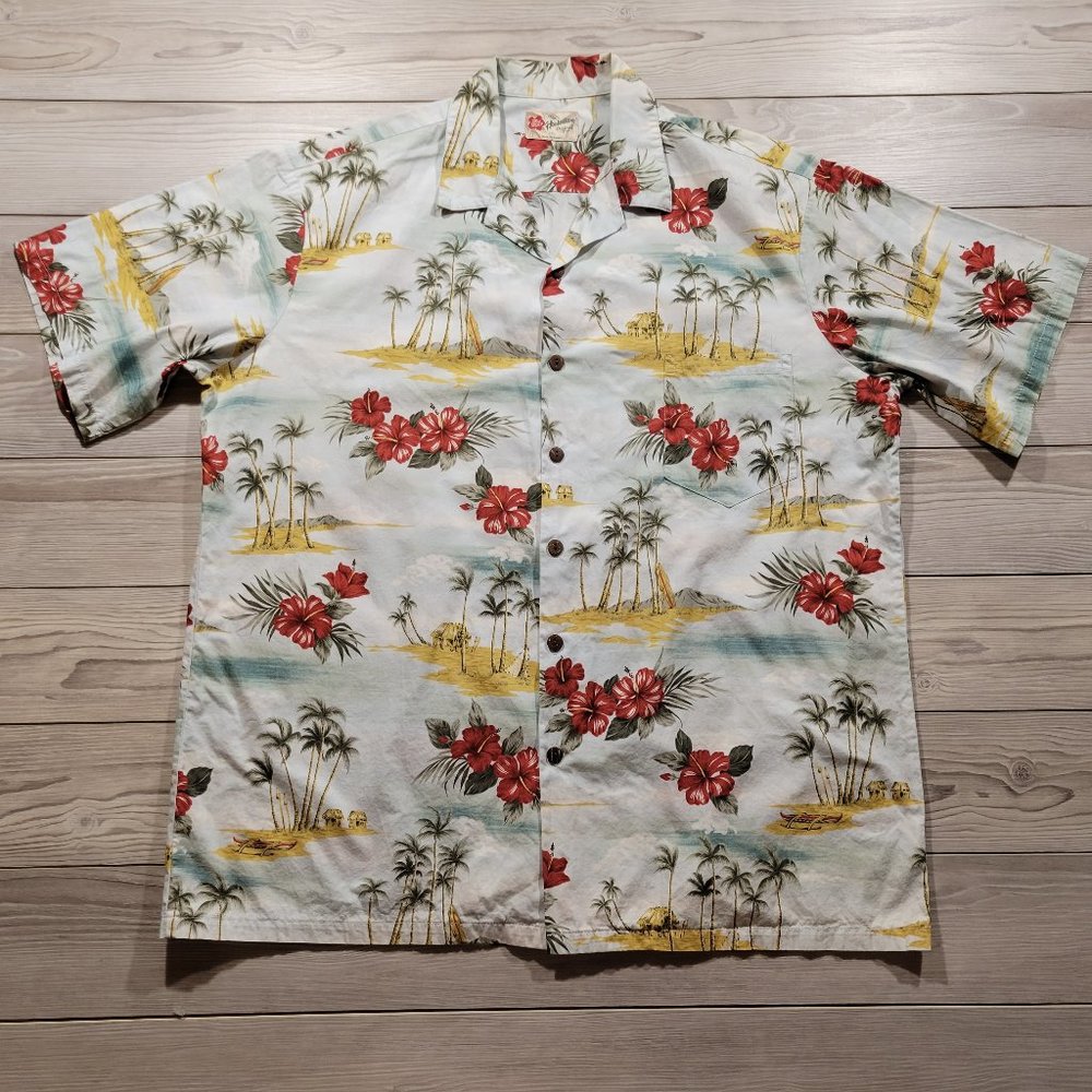 Hilo Hatties Hawaiian Shirt Men's Sz 2XL XXL Floral Palm Tree Camp Kauai Maui
